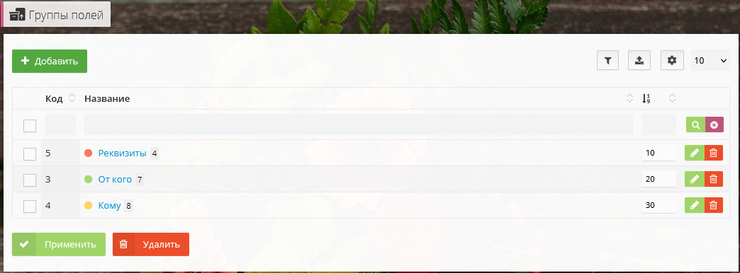 Группы полей документа в документообороте