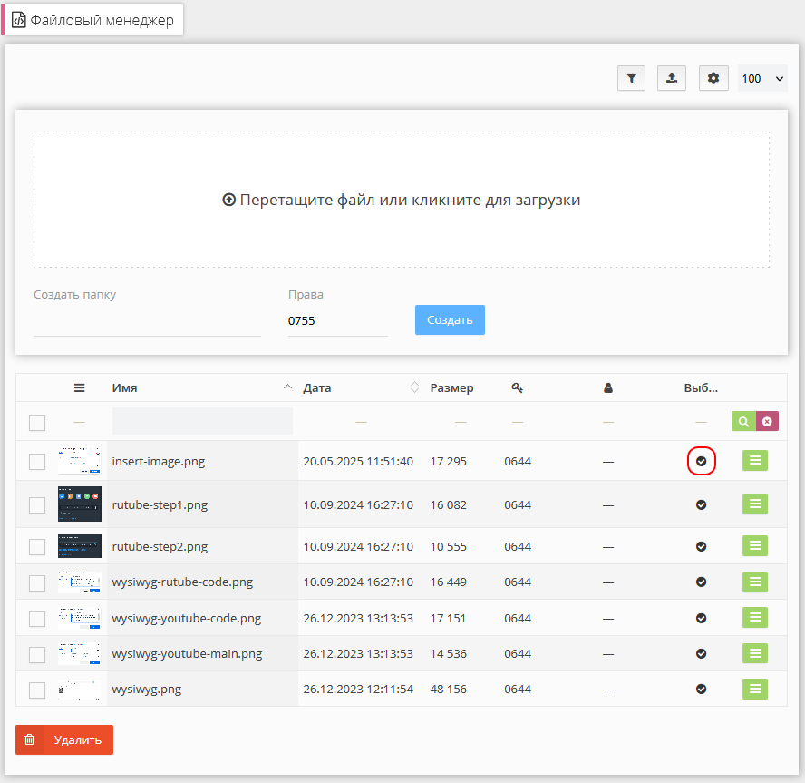 Файловый менеджер визуального редактора