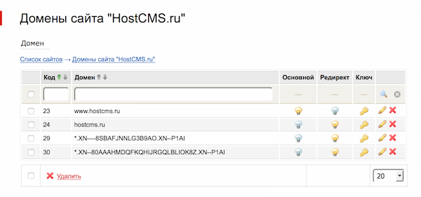 Указание 301 редиректа в списке доменов HostCMS
